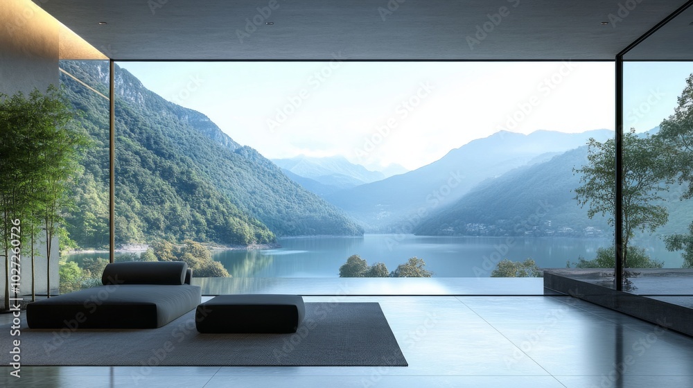Fototapeta premium Modern living room with large window overlooking mountain lake.