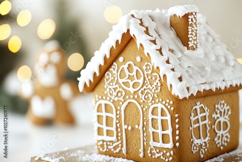 detailed close-up of a gingerbread house, showcasing intricate sugarwork decorations on the roof, windows, and doors. The gingerbread walls are adorned with colorful candy and icing. photo