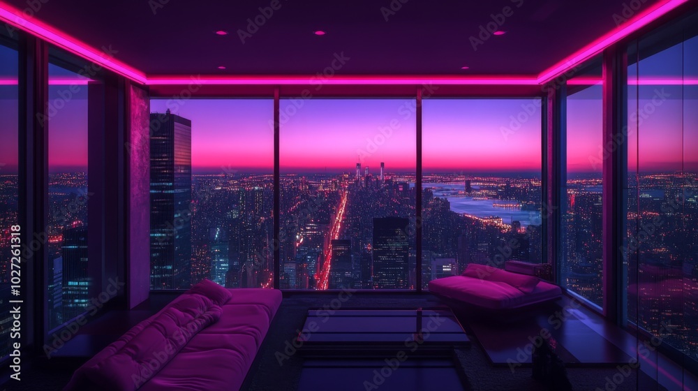 Modern living room with panoramic city view at sunset. Modern living room with panoramic city view at sunset.