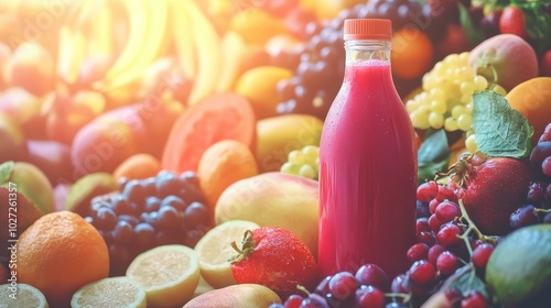 Freshly Made Pink Juice Bottle Surrounded by Assorted Fruits