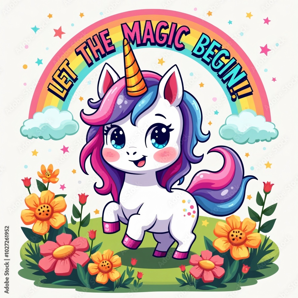 Kawaii Unicorn Rainbow T-Shirt Design with Let the Magic Begin! Kawaii Unicorn Rainbow T-Shirt Design with Let the Magic Begin!