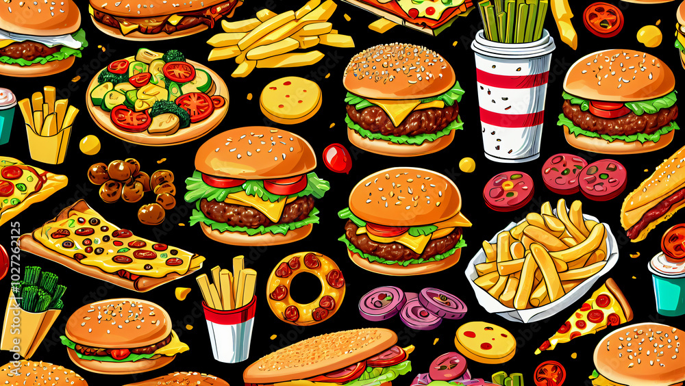Bright illustration of fast food: mouth-watering hamburgers with golden buns, juicy patties, melted cheese and fresh vegetables, next to crispy fries in red packages, refreshing drinks 