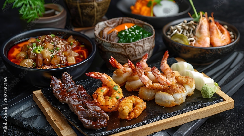 giant appetiser platter combo with mini hot dog mushroom soup deep fried tempura prawn sliced wagyu beef fish skin with salted egg yolk giant appetiser platter combo with mini hot dog mushroom soup deep fried tempura prawn sliced wagyu beef fish skin with salted egg yolk