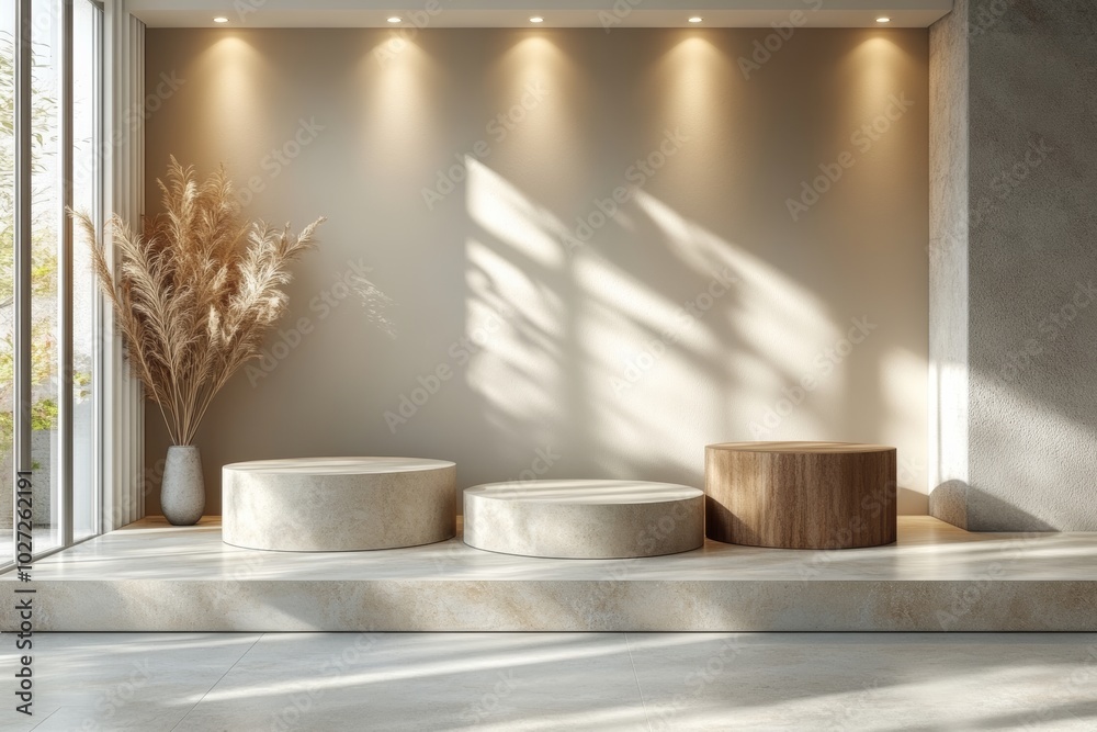 Clean and minimalist product background featuring podiums. Generative AI Clean and minimalist product background featuring podiums. Generative AI