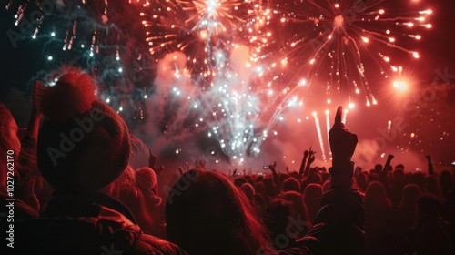 A close-up of vibrant New Year fireworks bursting above a cheering crowd, capturing the excitement of the moment