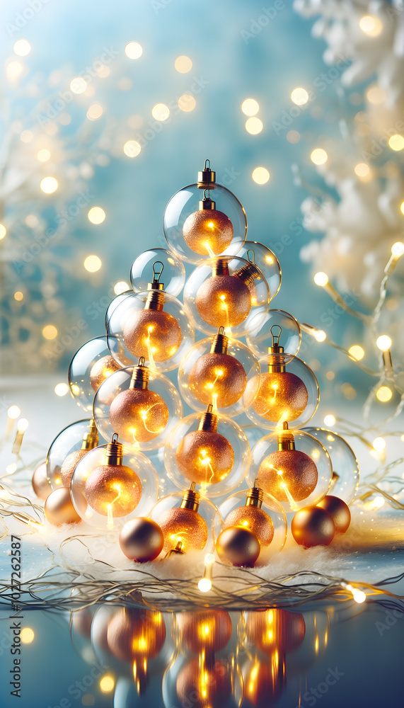 Fototapeta premium a Christmas tree made of many transparent glass balls, neon golden lights inside the balls