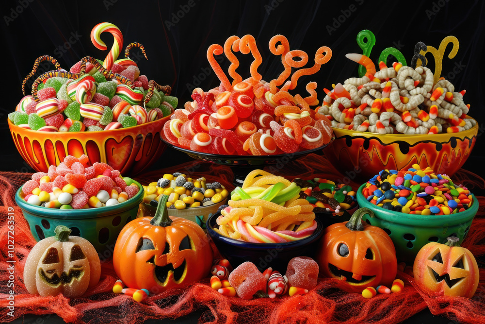 Fototapeta premium A colorful display of Halloween candies, with caramel apples, gummy worms, and candy corn piled high in spooky bowls.