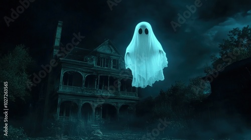 A Ghostly Apparition Floating Above a Haunted Mansion at Night photo