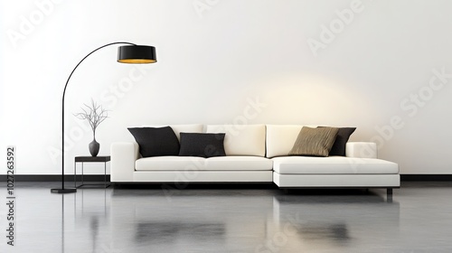 Modern, white minimalist interior. Modern interior design for posters in the living room layout with a white sofa with space to copy. 