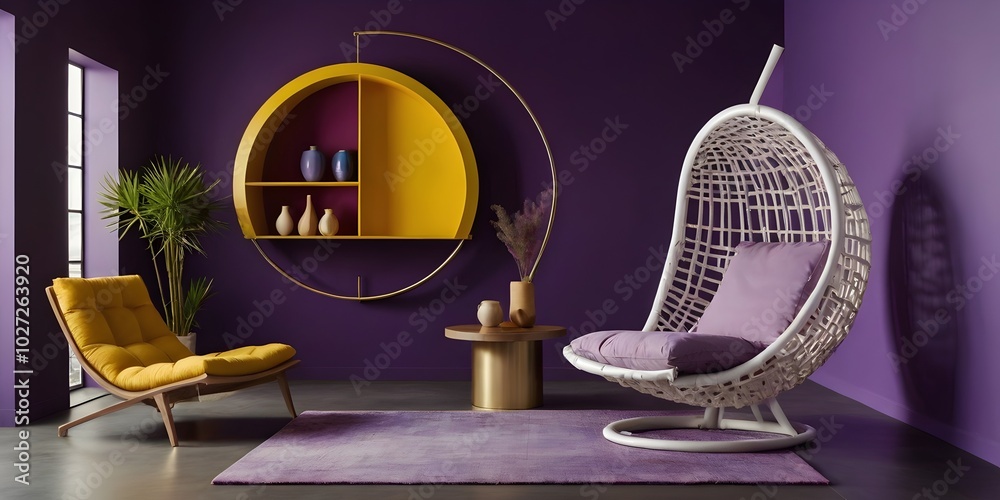 minimalist interior design featuring a modern, spherical chair with a white outer shell and rainbow-colored cushions, minimalist interior design featuring a modern, spherical chair with a white outer shell and rainbow-colored cushions,