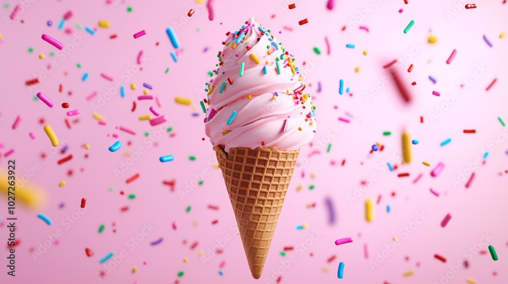 Colorful Ice Cream Cone with Sprinkles on Pink Background Colorful Ice Cream Cone with Sprinkles on Pink Background