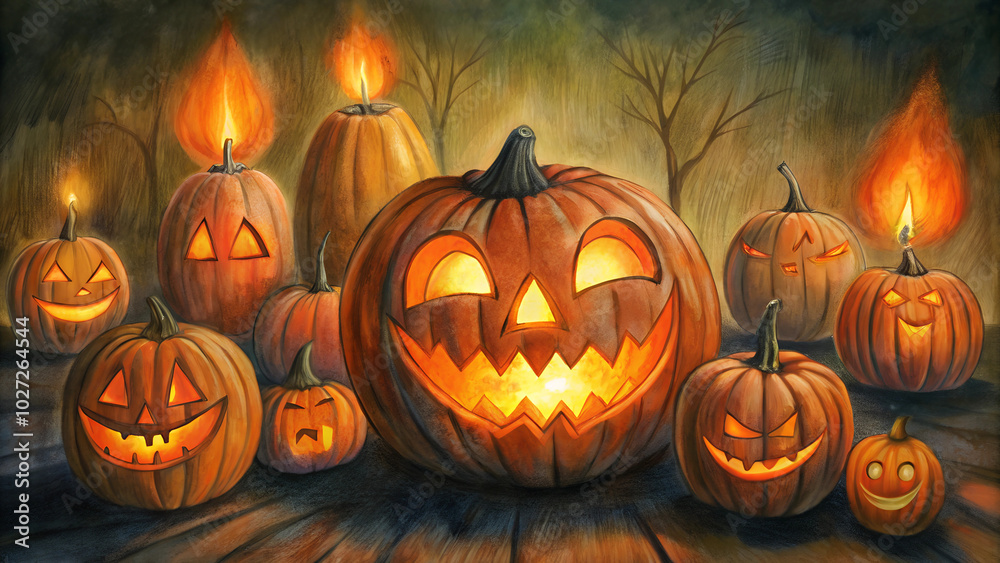 Seamless backgrounds: jack-o'-lanterns in various expressions Seamless backgrounds: jack-o'-lanterns in various expressions