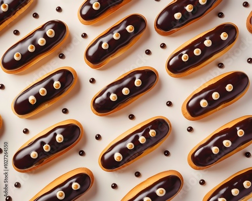 Repeating Pattern of Glossy Chocolate Mini clairs with Creamy Filling on Luxury Background photo