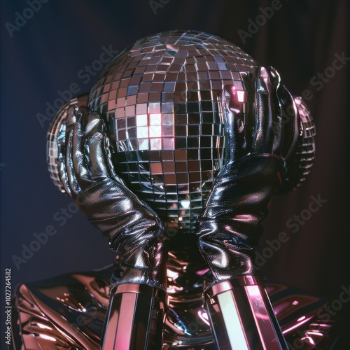 A futuristic figure with a disco ball helmet and reflective gloves, creating a surreal and glamorous scene under dramatic lighting.