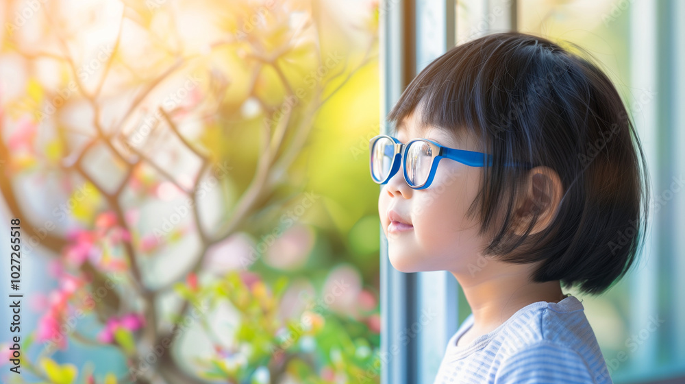 Young child wearing blue glasses focusing on distant tree outside window, symbolizing myopia prevention and importance of outdoor activities. Young child wearing blue glasses focusing on distant tree outside window, symbolizing myopia prevention and importance of outdoor activities.