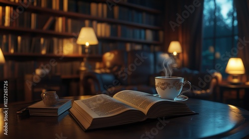 An Open Book, a Cup of Tea, and a Warmly Lit Library