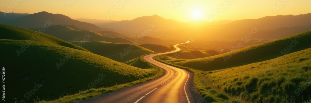 Fototapeta premium A scenic winding road through lush green hills at sunset, perfect for travel, nature, and lifestyle themes.