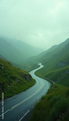 A serene winding road through lush green hills under a misty sky, perfect for conveying tranquility and adventure in travel, nature, and landscape themes.