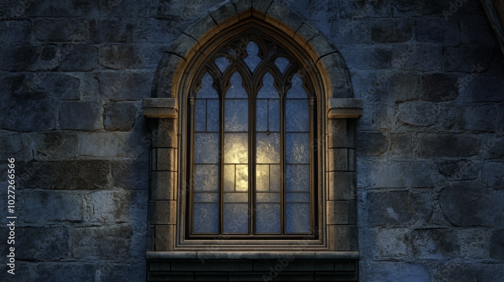 A single gothic arched window with glowing light from inside, set in a stone wall. A single gothic arched window with glowing light from inside, set in a stone wall.