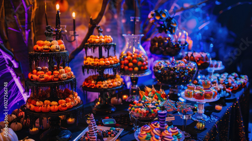 A creative Halloween candy buffet at a party, with spooky-themed desserts and candy towers surrounded by decorations.