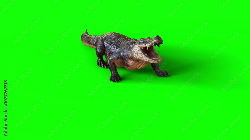 3d Illustration of a dark American crocodile isolated on green background, Animal Hunting Motion. 3d Illustration of a dark American crocodile isolated on green background, Animal Hunting Motion.