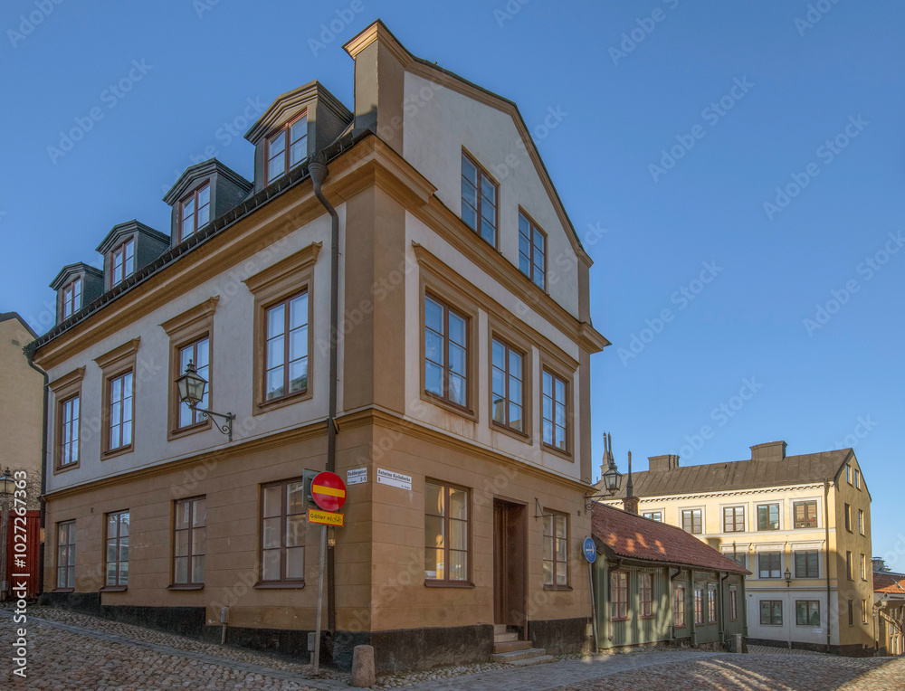 Old 1700s apartment houses with tin roofs and chimneys in the district Södermalm a winter day in Stockholm Old 1700s apartment houses with tin roofs and chimneys in the district Södermalm a winter day in Stockholm