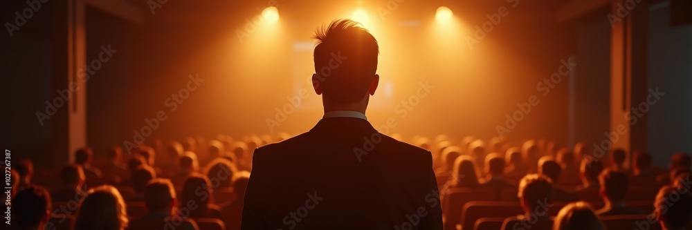 A confident speaker stands before an engaged audience, illuminated by warm stage lights, capturing the essence of public speaking and leadership in a professional setting. A confident speaker stands before an engaged audience, illuminated by warm stage lights, capturing the essence of public speaking and leadership in a professional setting.