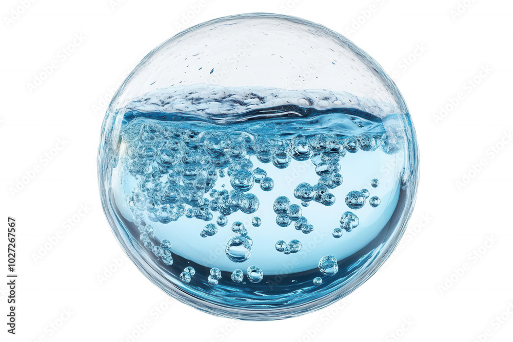 A sphere filled with clear blue water, with small bubbles rising to the surface, transparent background A sphere filled with clear blue water, with small bubbles rising to the surface, transparent background