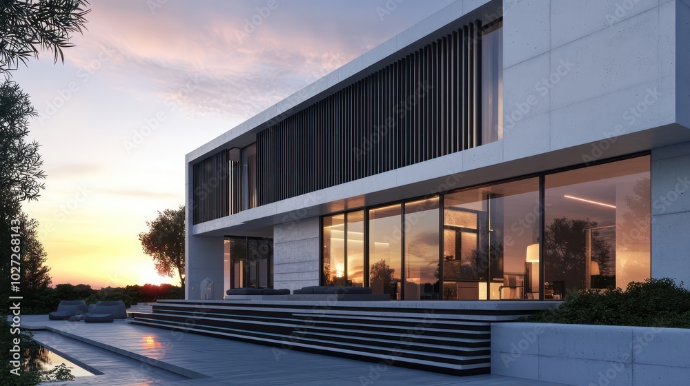 Luxurious modern house with white concrete, black wood slats for decoration, and large windows with gray metal accents at sunset Luxurious modern house with white concrete, black wood slats for decoration, and large windows with gray metal accents at sunset