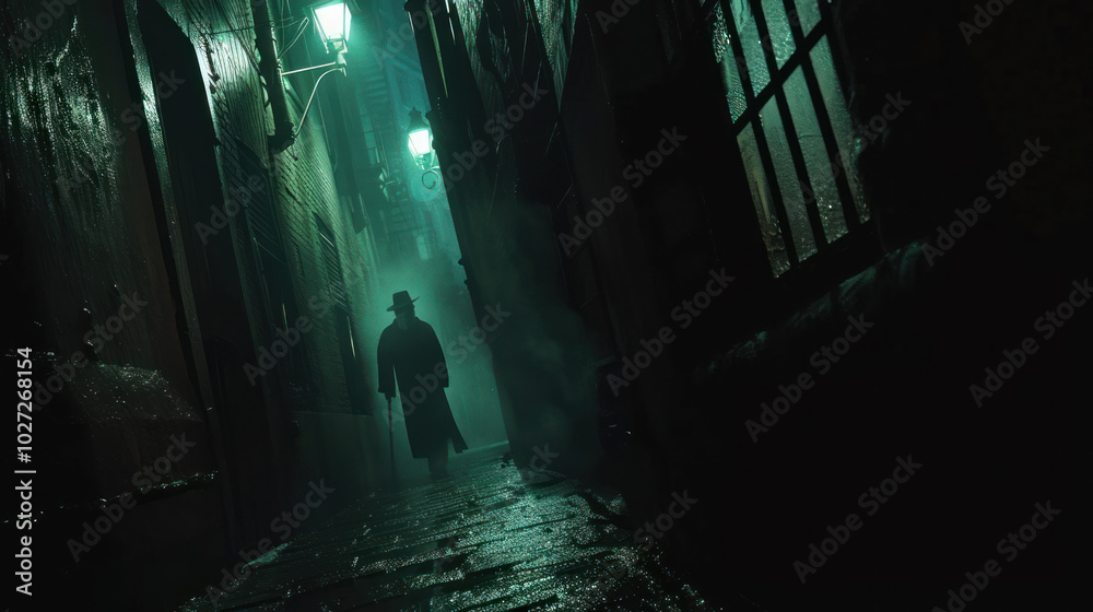 Obraz premium A dark alleyway on Halloween night, with eerie figures lurking and shadows moving ominously.