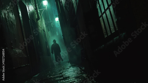 A dark alleyway on Halloween night, with eerie figures lurking and shadows moving ominously.