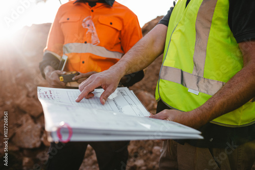 Builders looking at the blueprints at the construction site photo