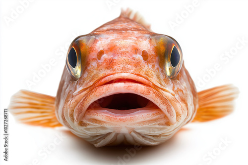 animal by ai // fish in white and orange, rockfish with open mouth, closeup on white background, front view, photorealistic photo