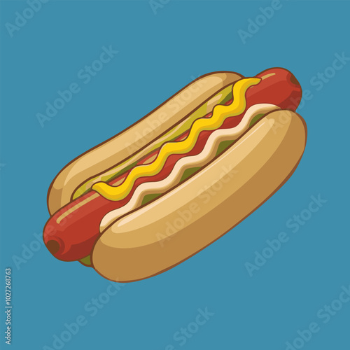 Classic Hot Dog with Mustard and Relish Vector Illustration