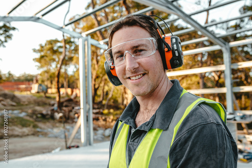 A young man wearing safety glasses at the construction site smiling at the camera.