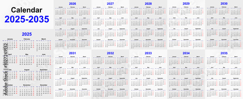 2025 to 2036 calendar collection. vector eps calendar collection of 11 years. 