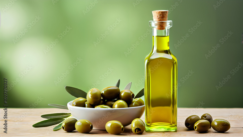 Natural Elegance: A Still Life of Fresh Green Olives and High-Quality Olive Oil in a White Bowl with Glossy Surfaces and Spilled Olives, Complemented by Olive Tree Branches Natural Elegance: A Still Life of Fresh Green Olives and High-Quality Olive Oil in a White Bowl with Glossy Surfaces and Spilled Olives, Complemented by Olive Tree Branches