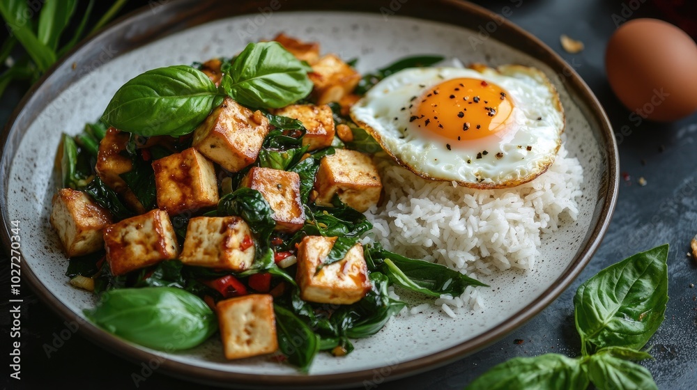 Stir-fried Tofu with Egg and Rice on Plate Stir-fried Tofu with Egg and Rice on Plate