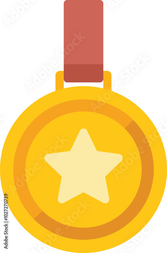 Gold medal with a red ribbon is hanging, showing a star for the winner of a competition