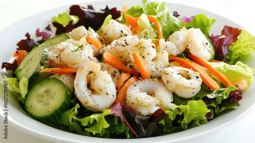 Fresh Shrimp Salad with Colorful Vegetables and Greens Fresh Shrimp Salad with Colorful Vegetables and Greens