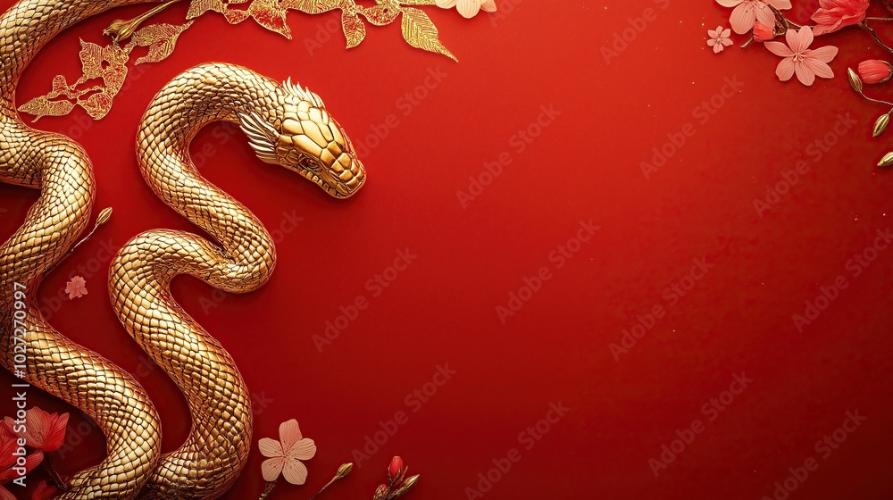 Golden snake celebrating lunar new year on red background with flowers with copy space for text Golden snake celebrating lunar new year on red background with flowers with copy space for text