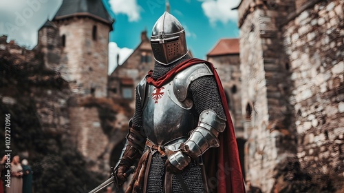 A man dressed as a knight, with armor and a sword, standing in a medieval castle courtyard