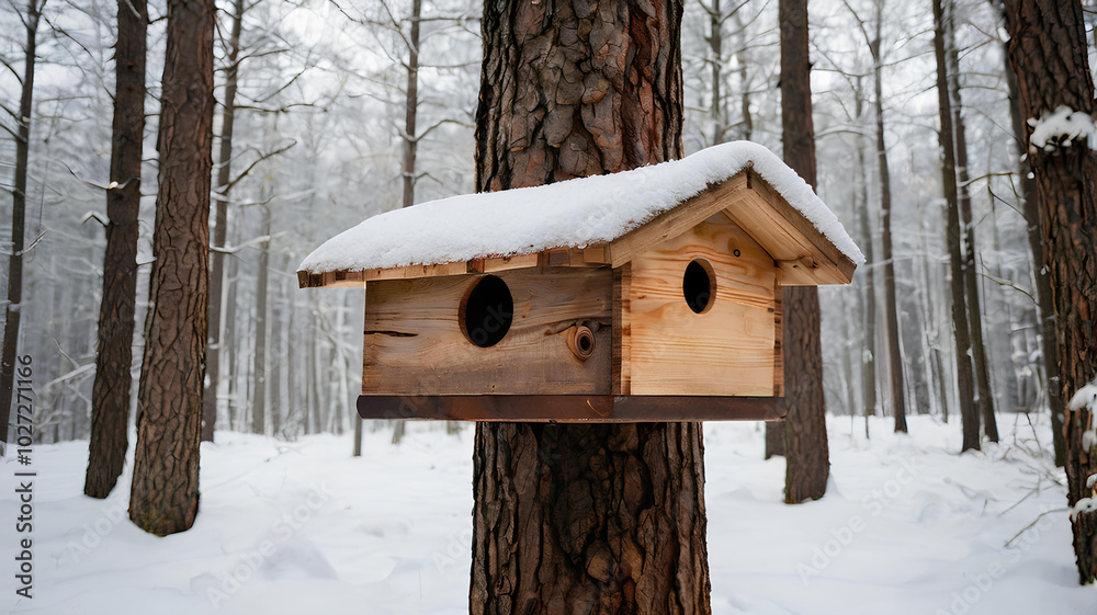 Φωτογραφία Birdhouse on the trunk of a tall pine tree in forest under the snow