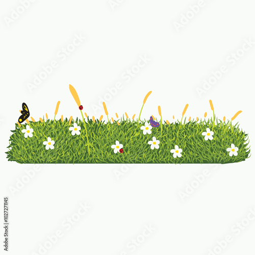 thick grass with flowers, butterflies and ladybugs.