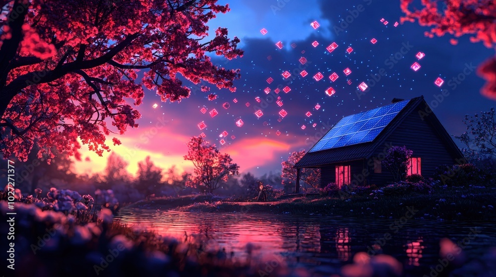 Charming house by the lake surrounded by vibrant pink blossoms at sunset.