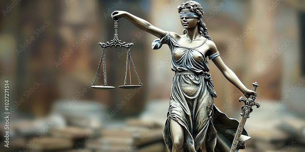 Blind justice statue. concept of woman in blindfold holding sword and scales in hand, close-up book library background.