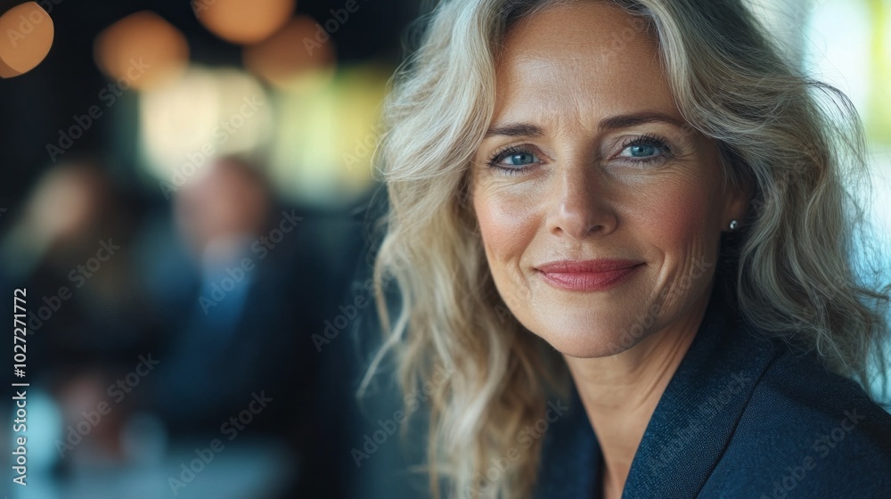 Fototapeta premium A woman with blonde hair and blue eyes is smiling at the camera