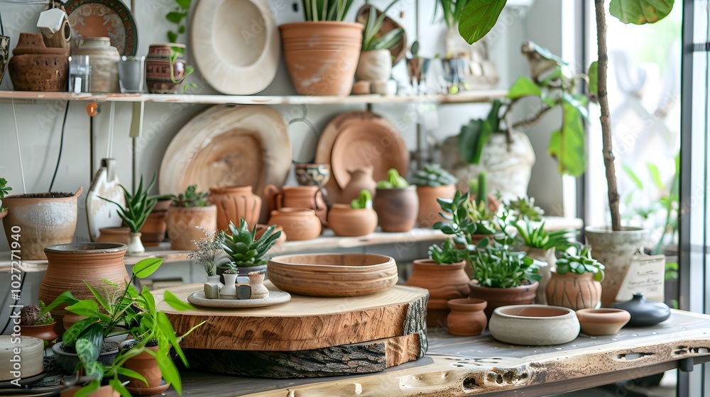 Artfully Crafted Table Display of Natural Wood Carvings Handmade Pottery and Flourishing Potted Plants Artfully Crafted Table Display of Natural Wood Carvings Handmade Pottery and Flourishing Potted Plants