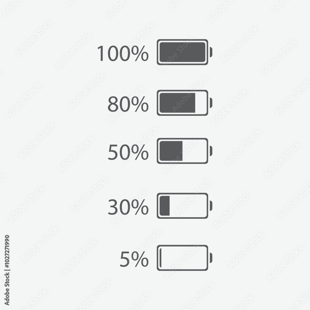 Five level energy in battery / cartoon vector and illustration. Icon discharged battery. Set of Battery charge showing stages of power running low and full, battery running low, battery recharging. Five level energy in battery / cartoon vector and illustration. Icon discharged battery. Set of Battery charge showing stages of power running low and full, battery running low, battery recharging.