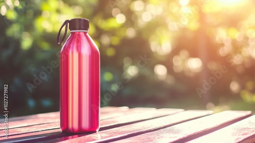 Pink Metal Water Bottle on Wooden Bench with Sunlit Bokeh Background photo